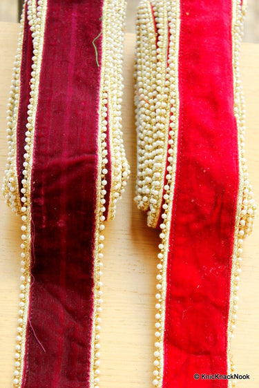 Burgundy Velvet Trim With Pearls And Gold Border Piping